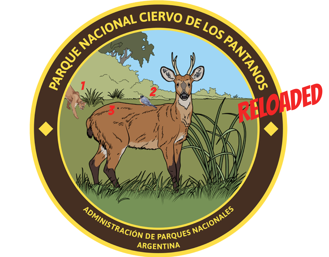 logo del Parque Nacional con ciervo, puma, ave y pulga, con fondo de plantas.