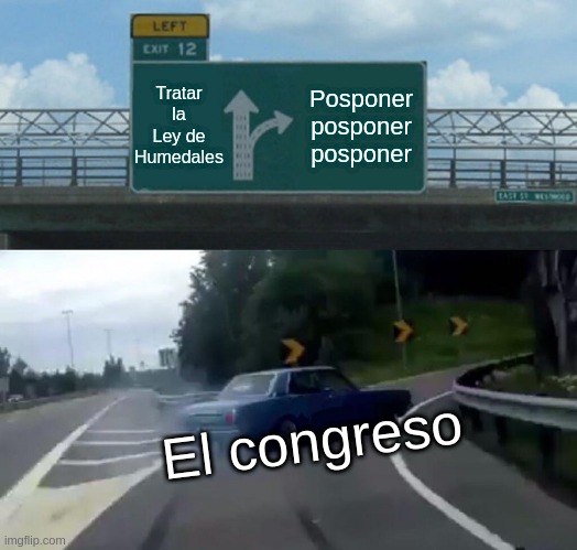 un auto representando al Congreso que permanentemente pospone el tratamiento de la Ley de Humedales.